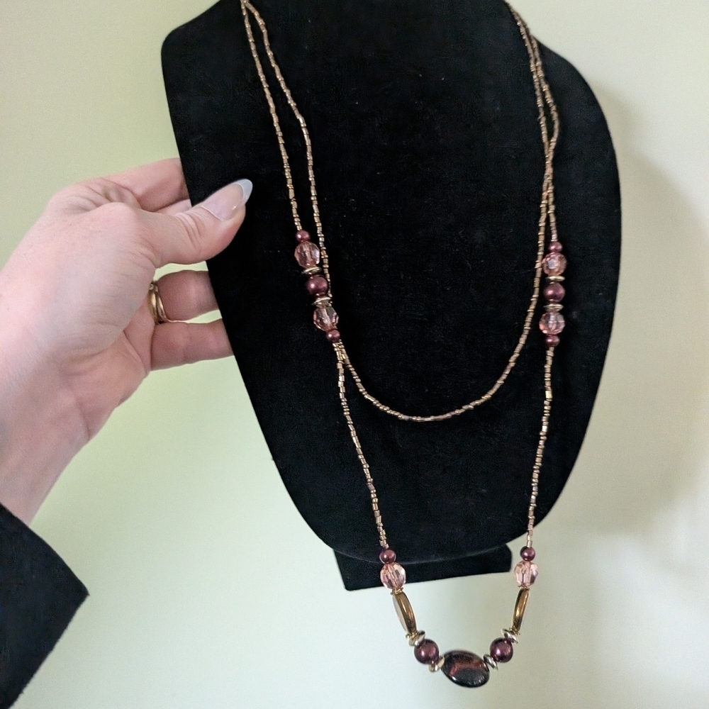 Elegant Gold Brown and Purple Beaded Necklace